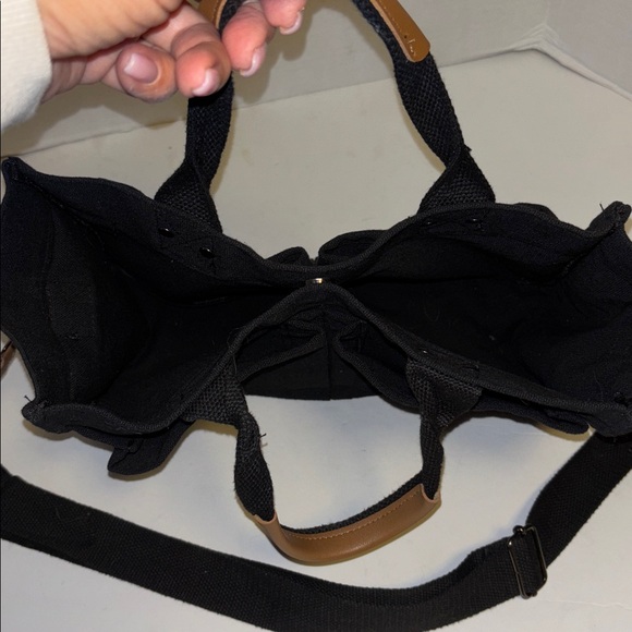 Black Canvas Tote Bag Brown Accents Detachable Strap 6 Pockets Outside on Bag - Picture 6 of 14